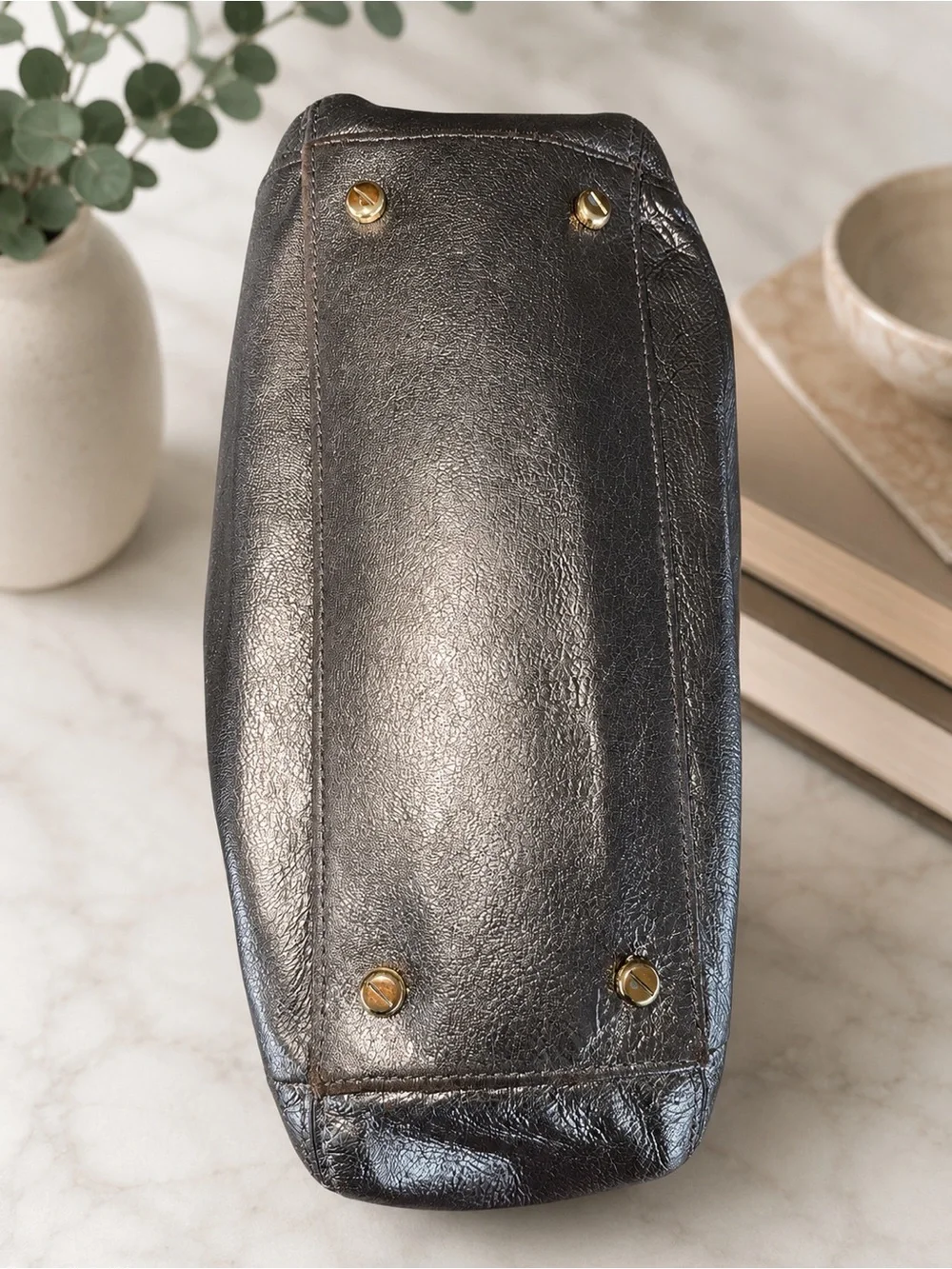 Henri Bendel Metallic Gunmetal Leather Satchel | Navy Satin Lining | Hangtag